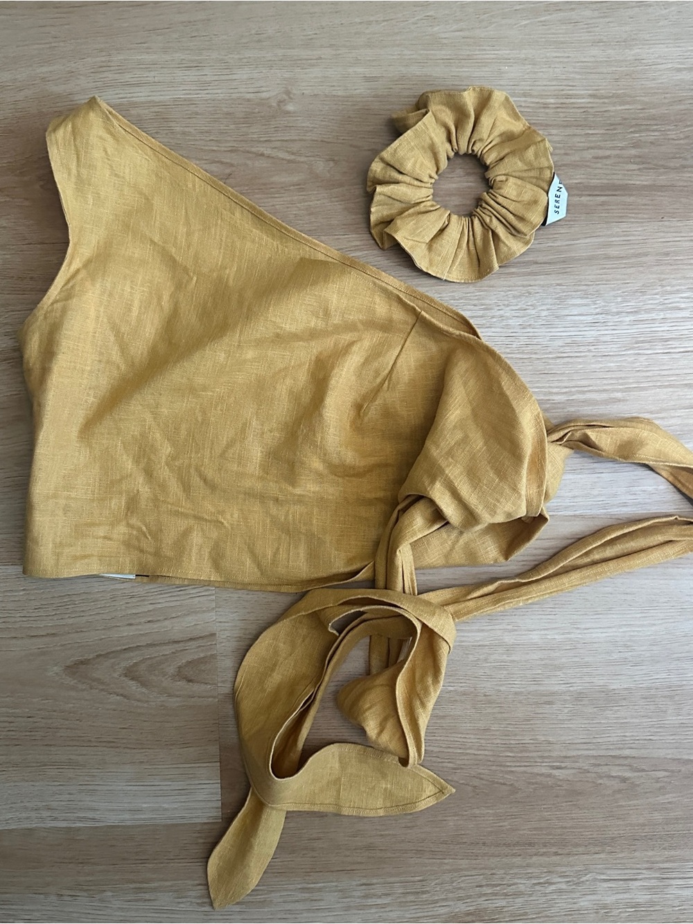 Mustard Yellow Linen Linen One-Shoulder Wrap Top + Scrunchie - Size Small